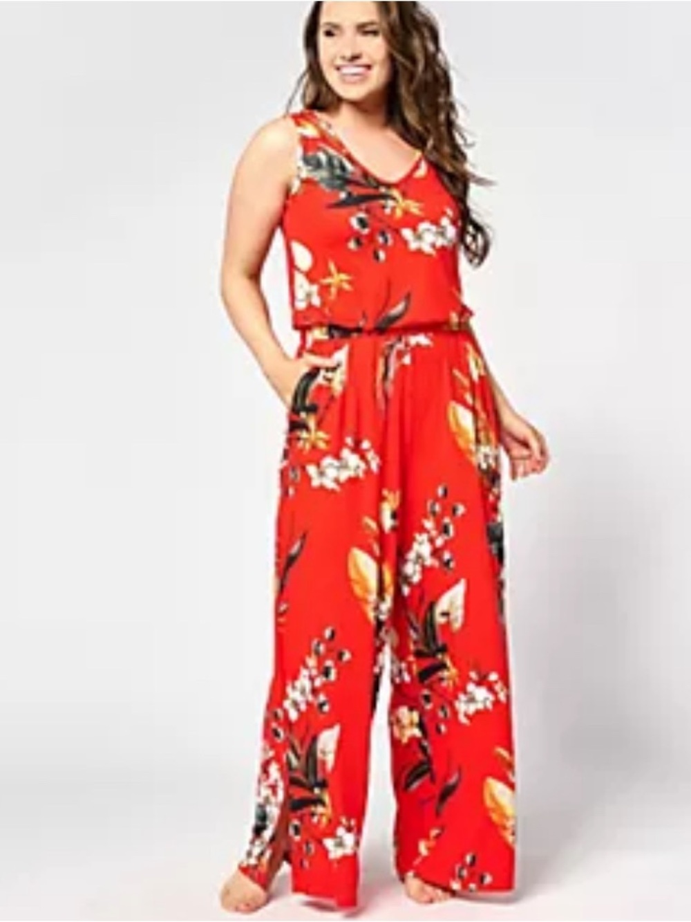 Sleeveless Red Floral Wide-Leg Jumpsuit